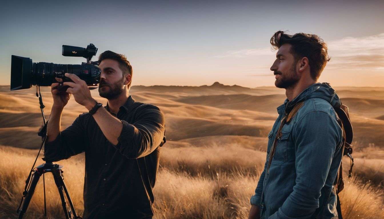 Two men standing in a field with a camera.