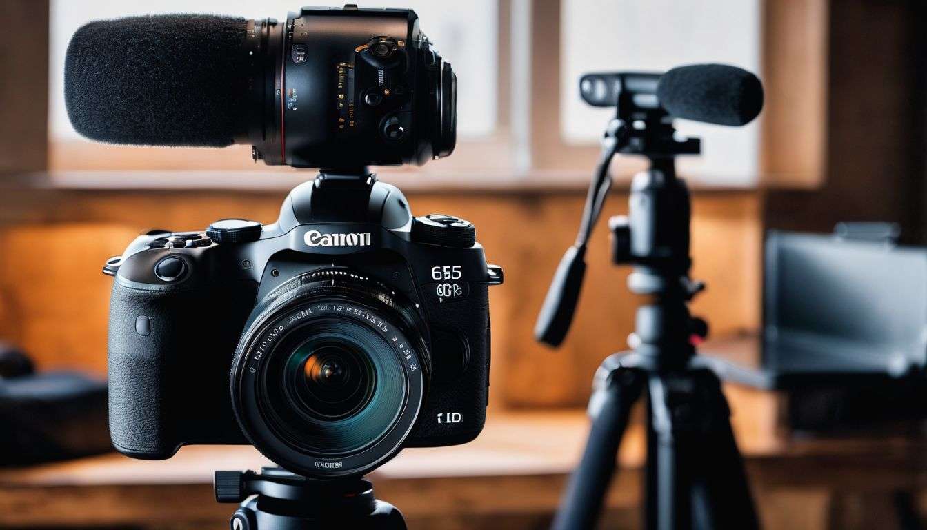 A canon eos camera with a microphone on it.