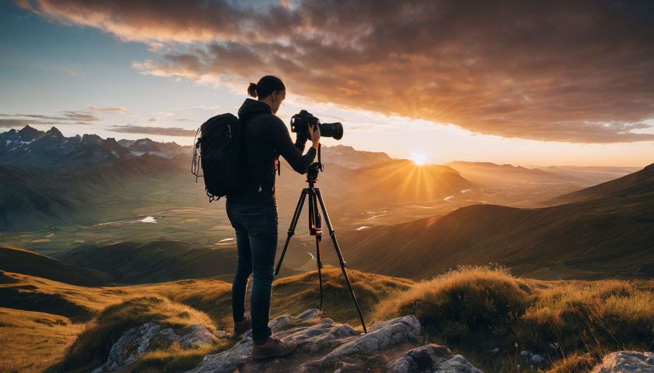 A photographer standing on top of a mountain at sunset.