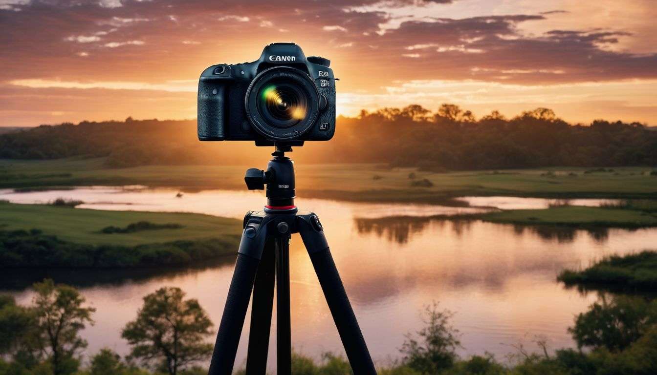 A dslr camera on a tripod in front of a lake.