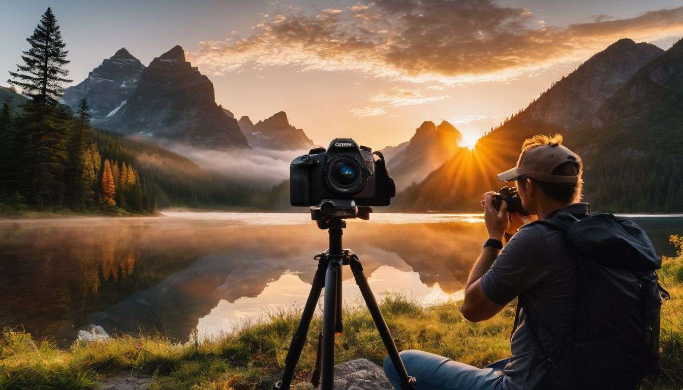 A man is taking a picture of a lake with mountains in the background.