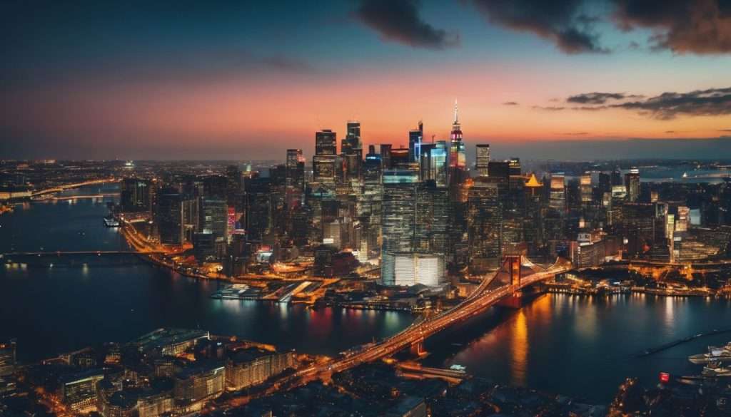 Aerial view of new york city at dusk.