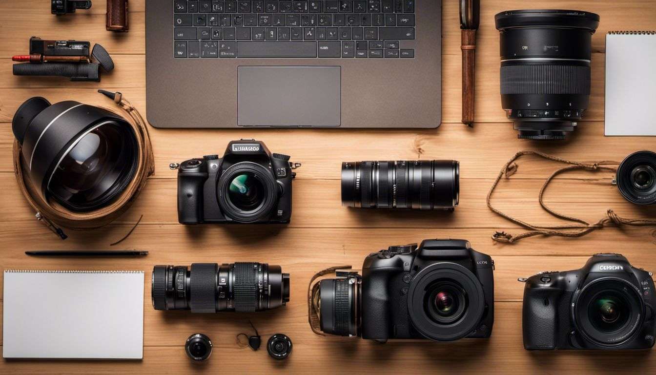 A laptop, camera, and other items are laid out on a wooden table.