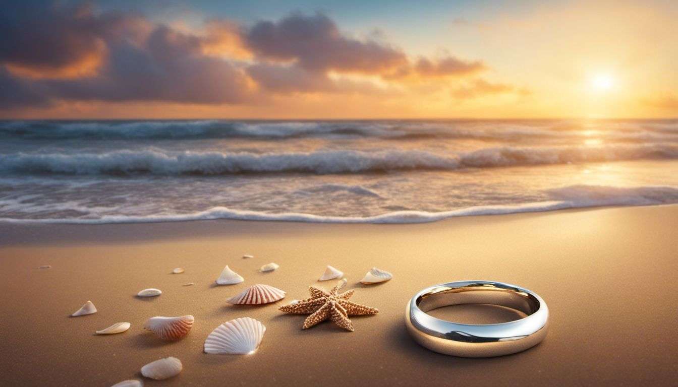 A wedding ring on the beach at sunset.