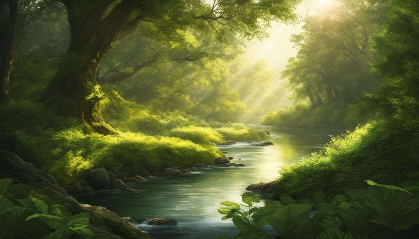 A painting of a river in the forest.