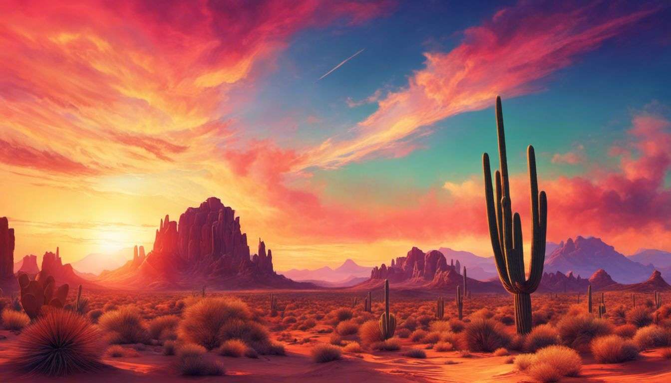 A desert landscape with saguaro cactus and colorful sunset.
