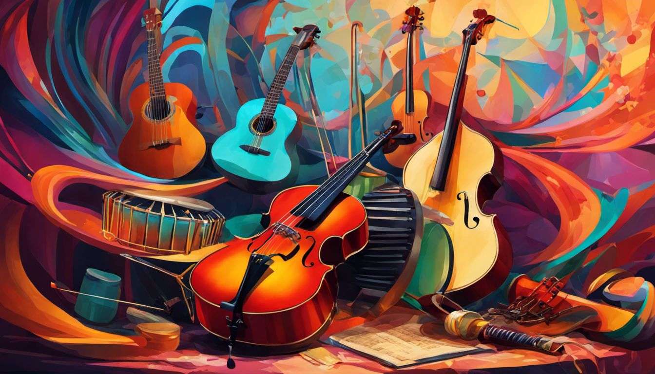 A painting of musical instruments in a colorful background.