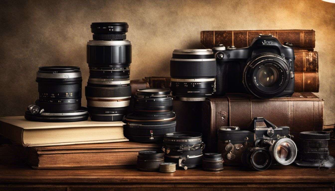 A collection of camera lenses on a table.