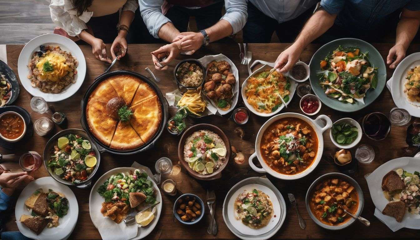 A group of people sitting around a table full of food.