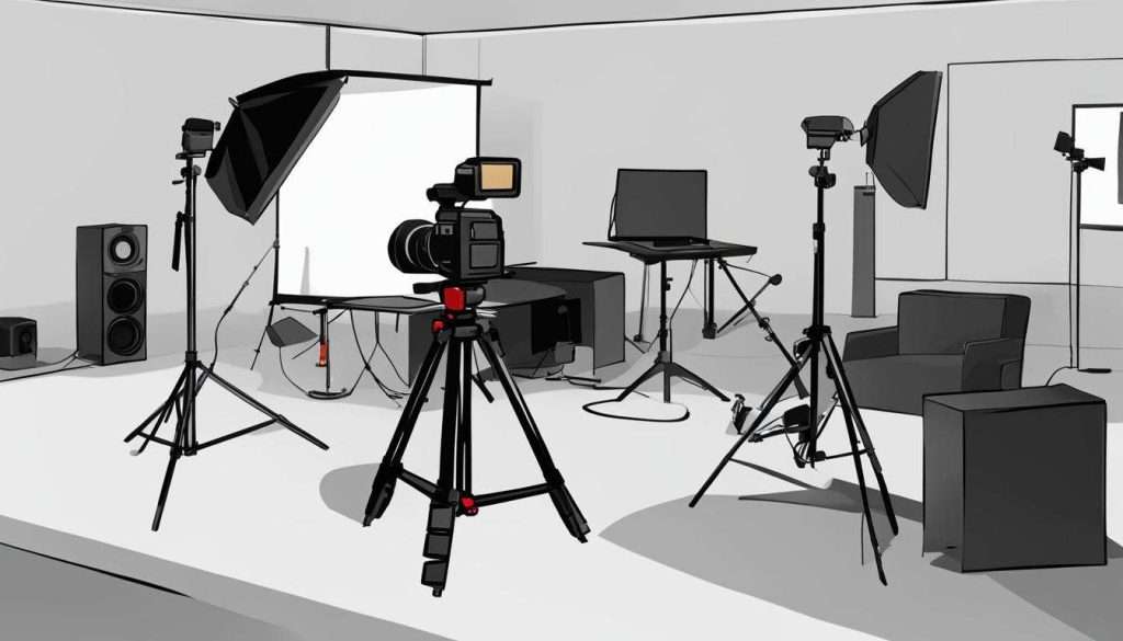 A studio equipped with a camera, tripod, and other corporate video production equipment.