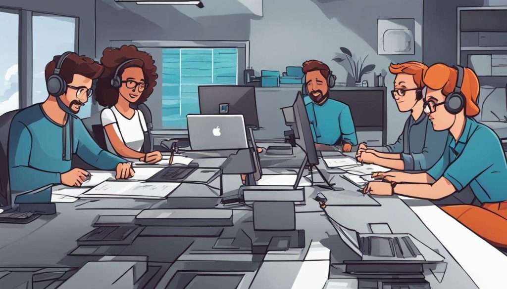 An animated explainer video showcasing a team collaborating at a desk.