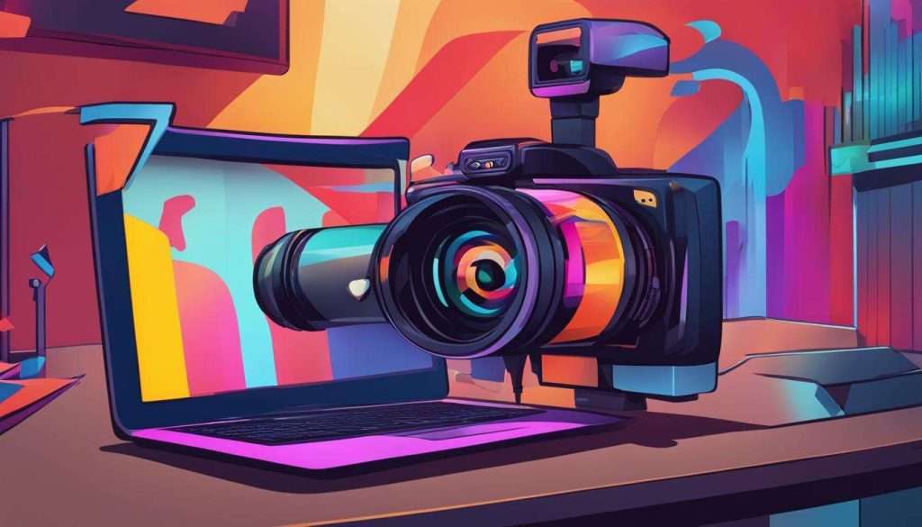 An illustration of a camera and laptop on a desk, perfect for creating captivating company profile videos.