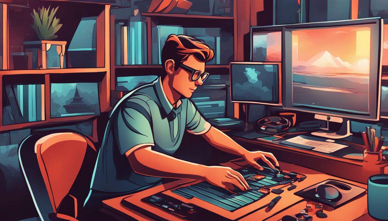 An illustration of a man working at a desk on video editing.