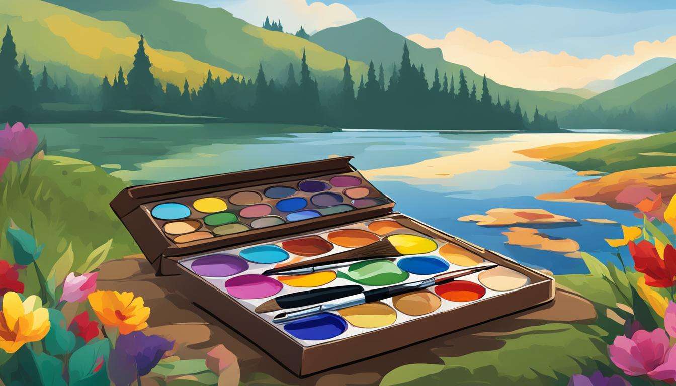 A painter with a box of paints corrects the colors in a landscape painting.