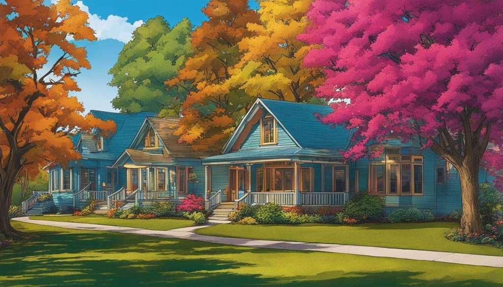 A painting of a house with vibrant trees.