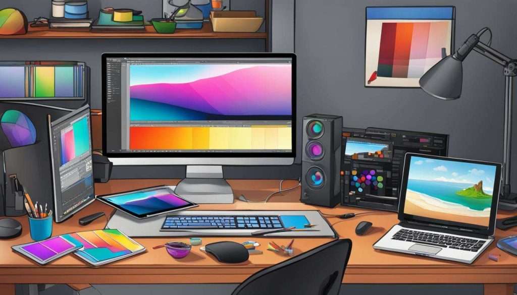 A desk with a computer, monitor, printer, and other items used for color correction.