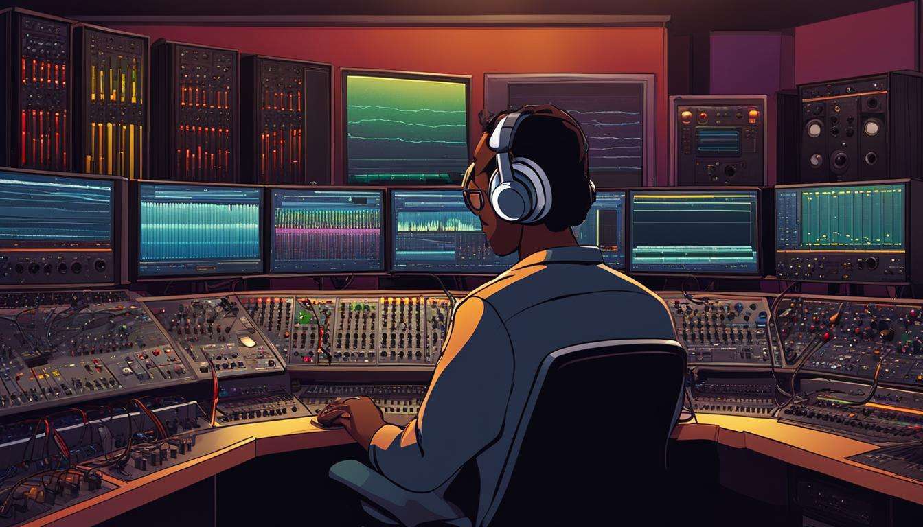 An illustration of a man in a sound design studio.