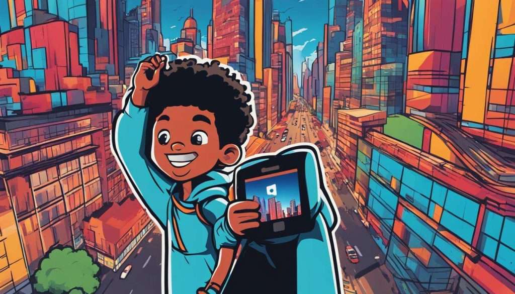An illustration of a boy holding up a cell phone in a city, showcasing the importance of Video SEO.