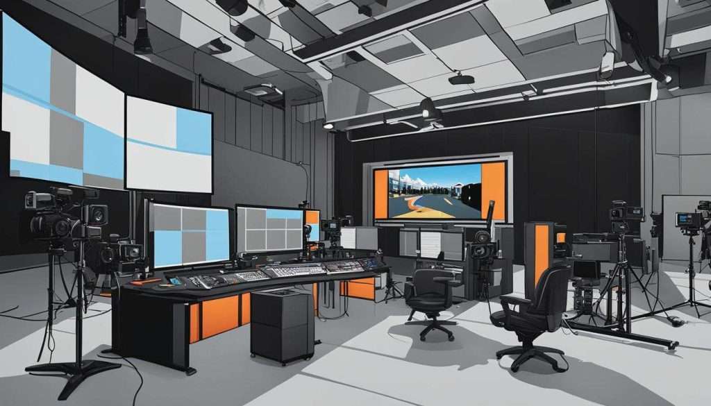 An illustration of a recording studio with multiple monitors, optimized for Video SEO.