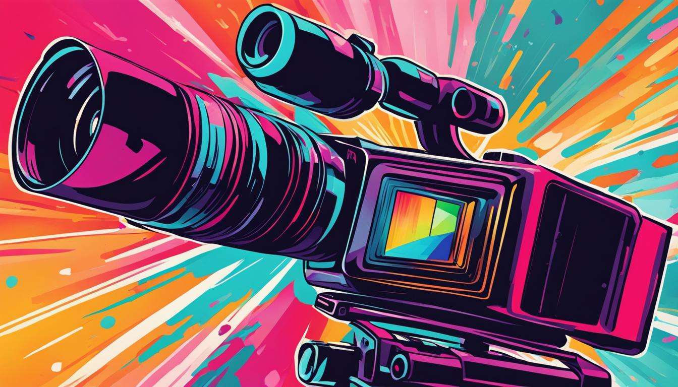 A colorful video camera capturing vibrant footage against a lively background.