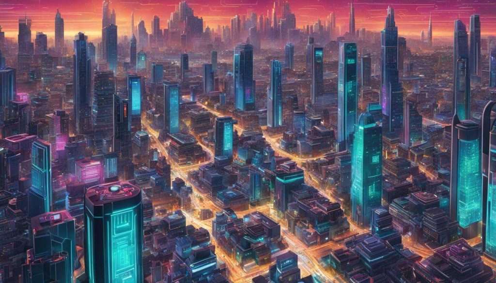An image of a futuristic city at sunset enhanced with Video Analytics technology.