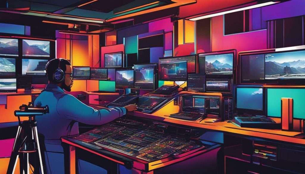 An illustration of a man in a studio with multiple monitors, working on creative video productions.