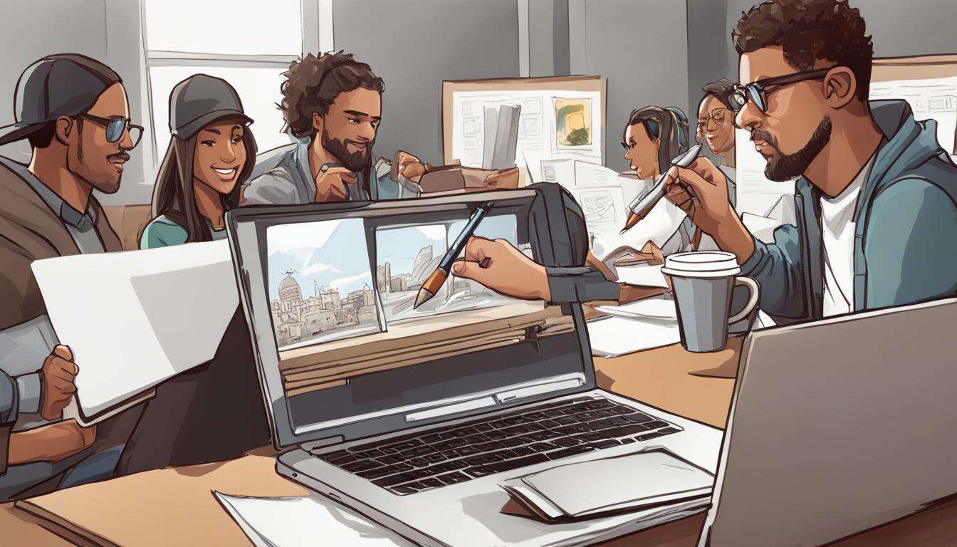 A group of animated characters engaged in a collaborative office meeting with laptops, documents, and coffee to brainstorm robust creative solutions.