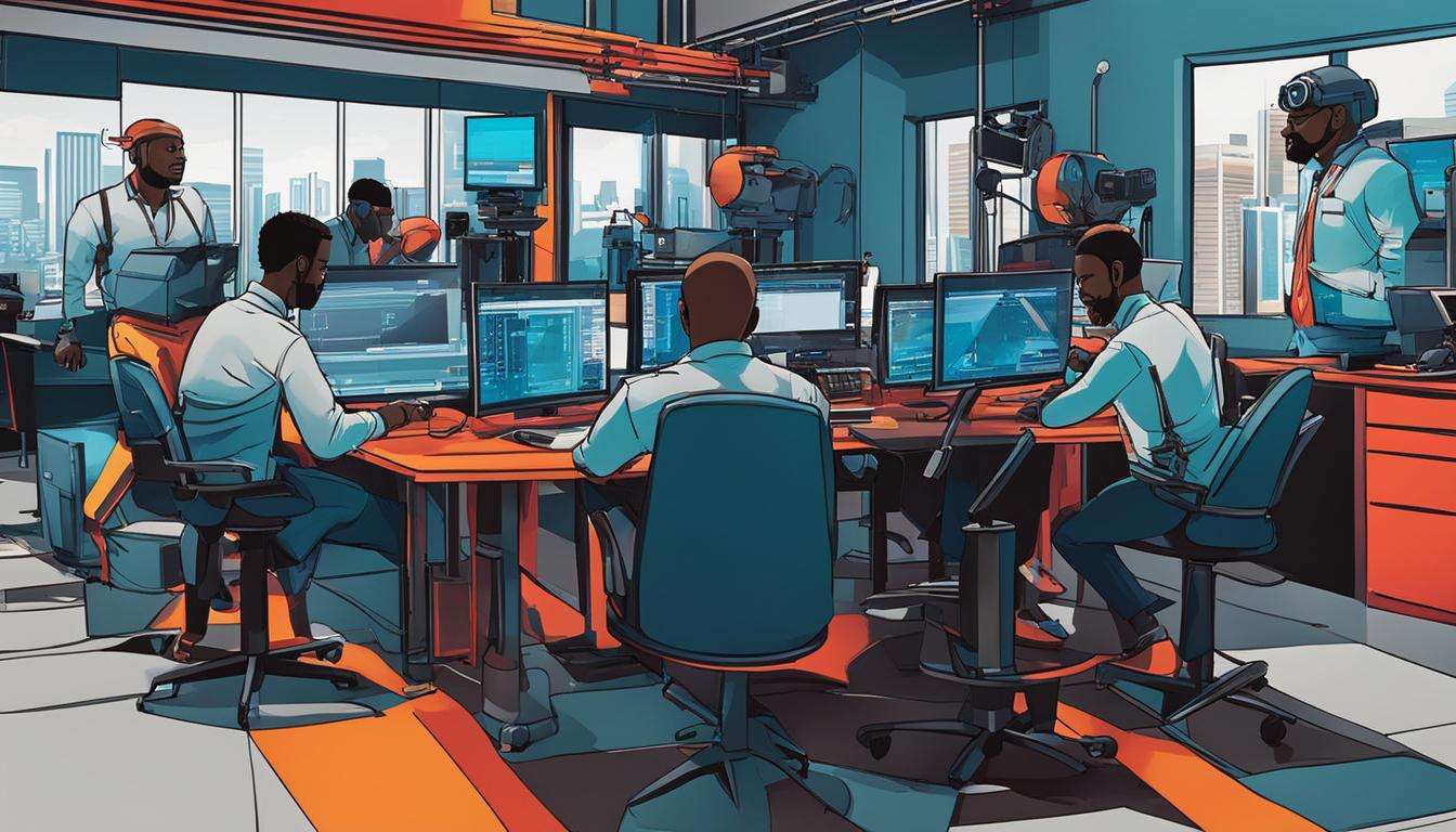 A group of people working on computers in an office, possibly for video creation companies.