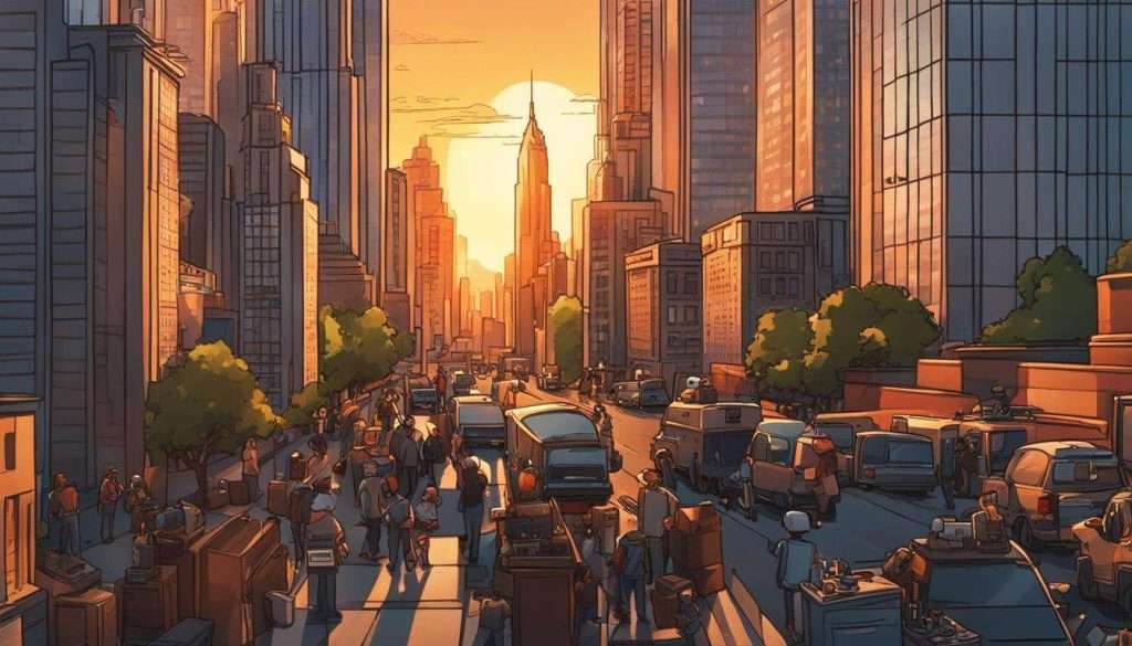 A vibrant cityscape brought to life by a talented video creation company, showcasing the movement of people as they stroll down the bustling streets.