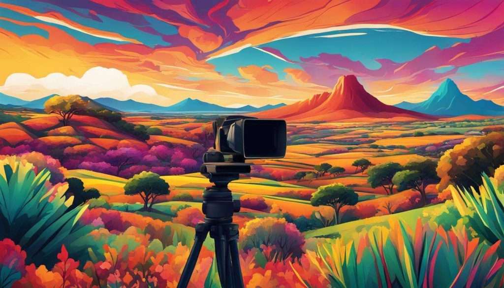 A painting of a landscape with a video camera in the background.