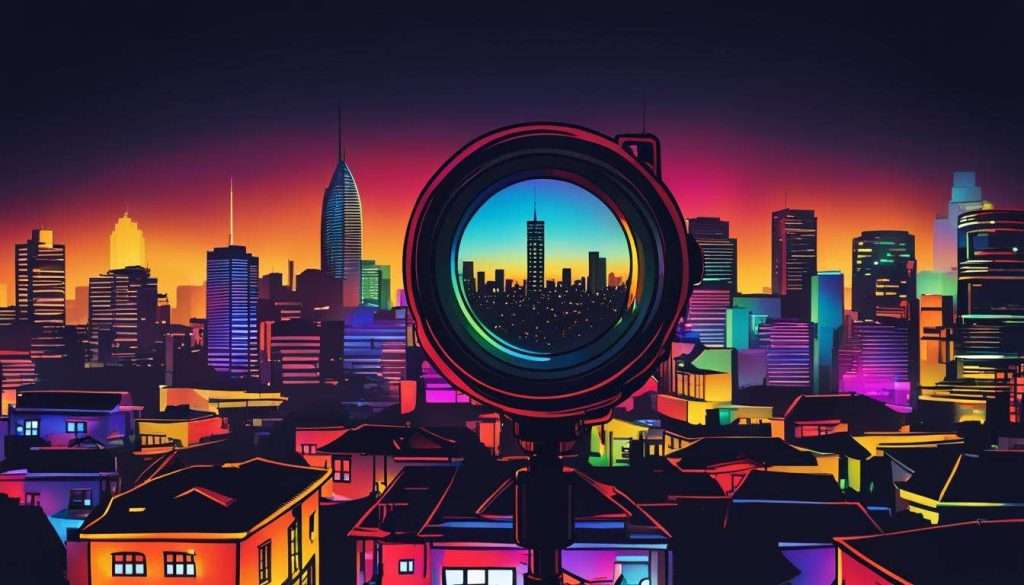 A vibrant cityscape with a magnifying glass, captured in stunning video production.