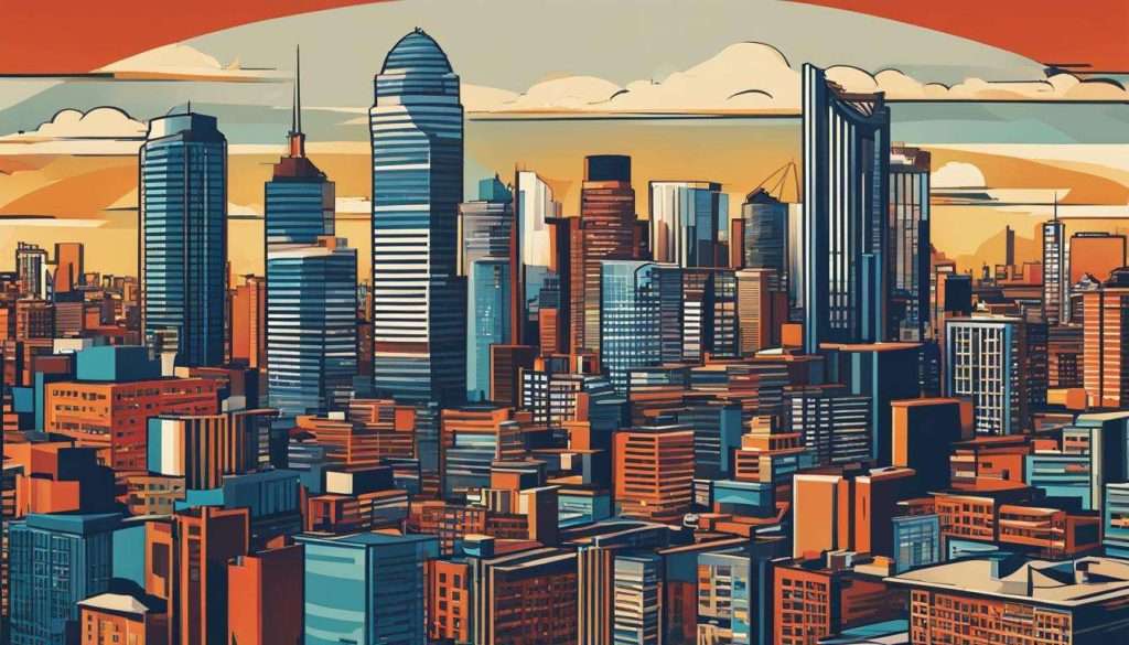 An illustration of a city skyline at sunset in Johannesburg.