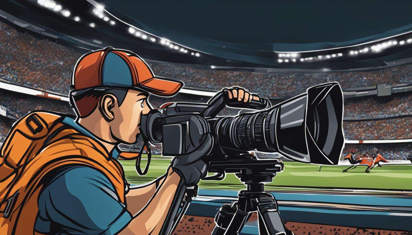 A cameraman in front of a stadium.