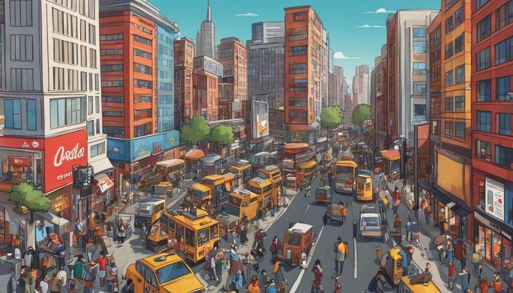 An illustration of a busy city street showcasing the bustling production companies in Johannesburg.