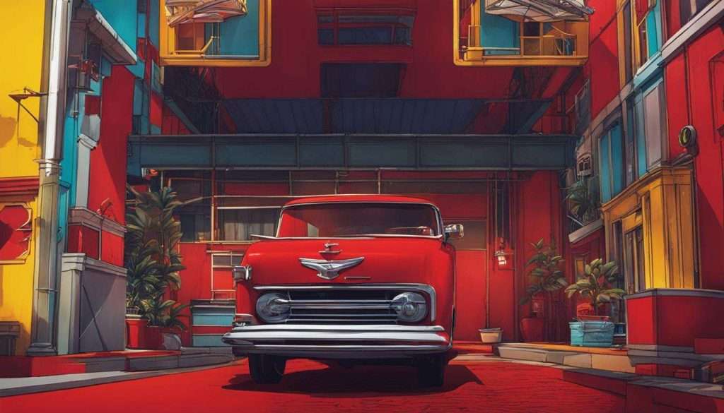 A production company in Johannesburg is filming a scene where a red truck is parked in a colorful alleyway.