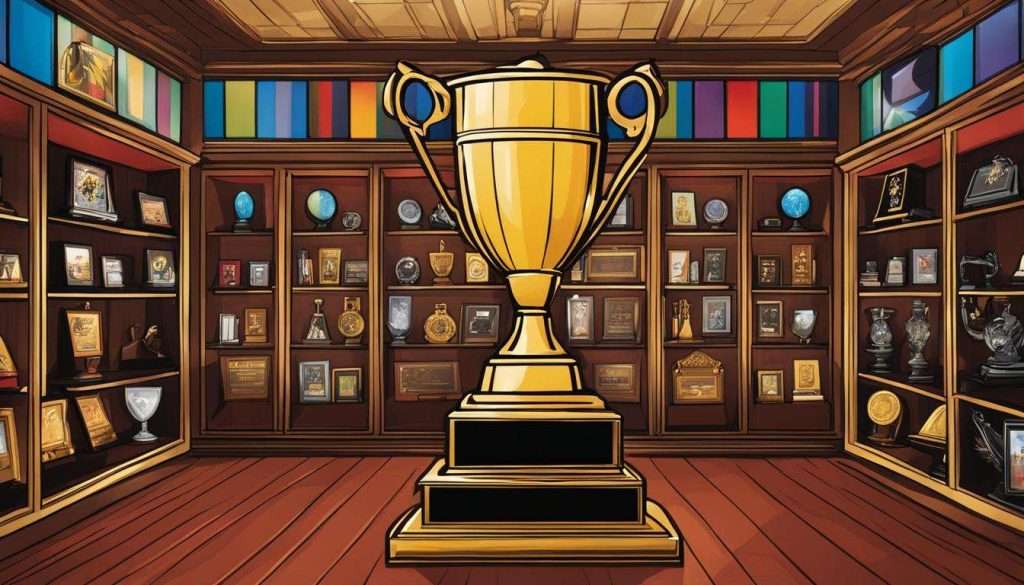 A golden trophy sits in a room full of trophies as the epitome of achievement and success.