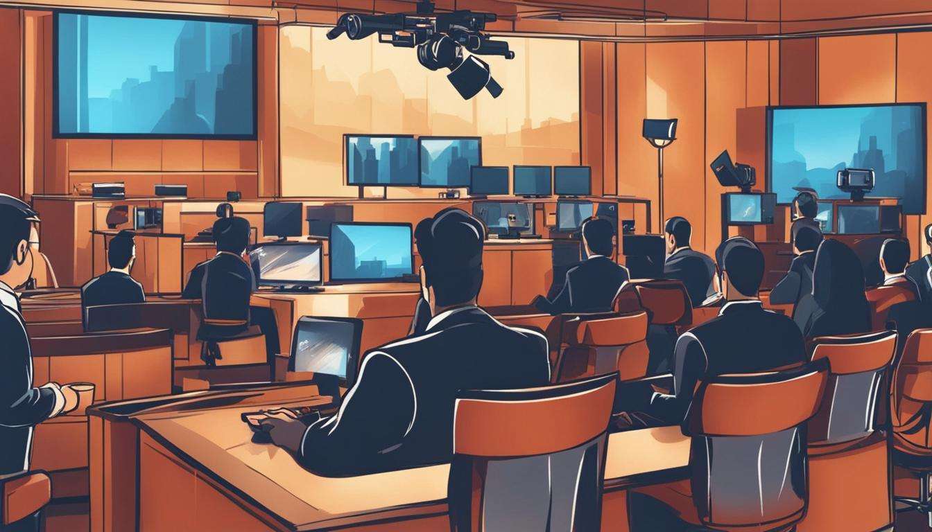 An illustration of a conference room with people engaged in corporate videography.