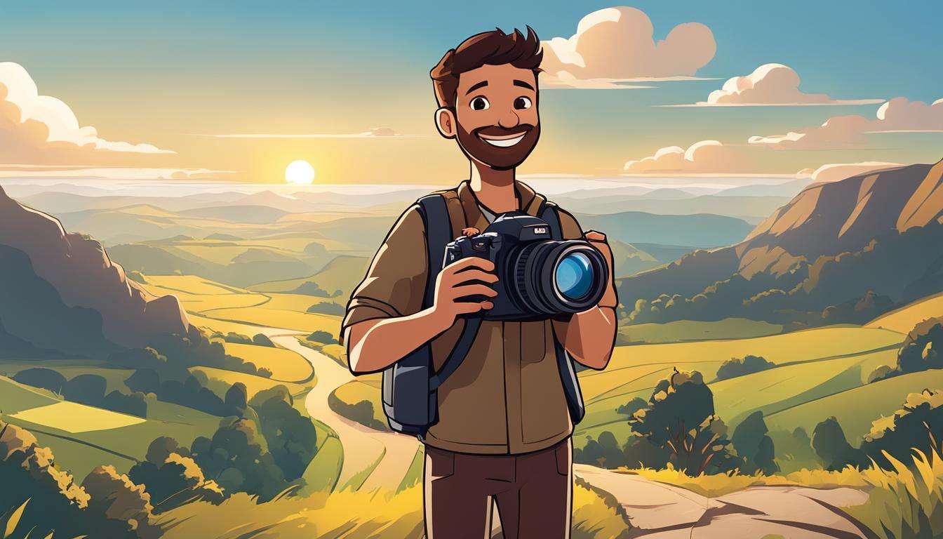 A cartoon photographer holding a camera in front of a mountain.
