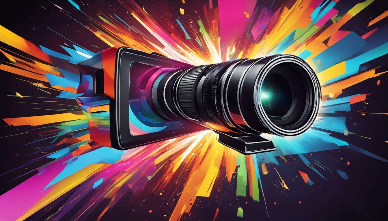 An image of a camera capturing vibrant video creations against a colorful background.