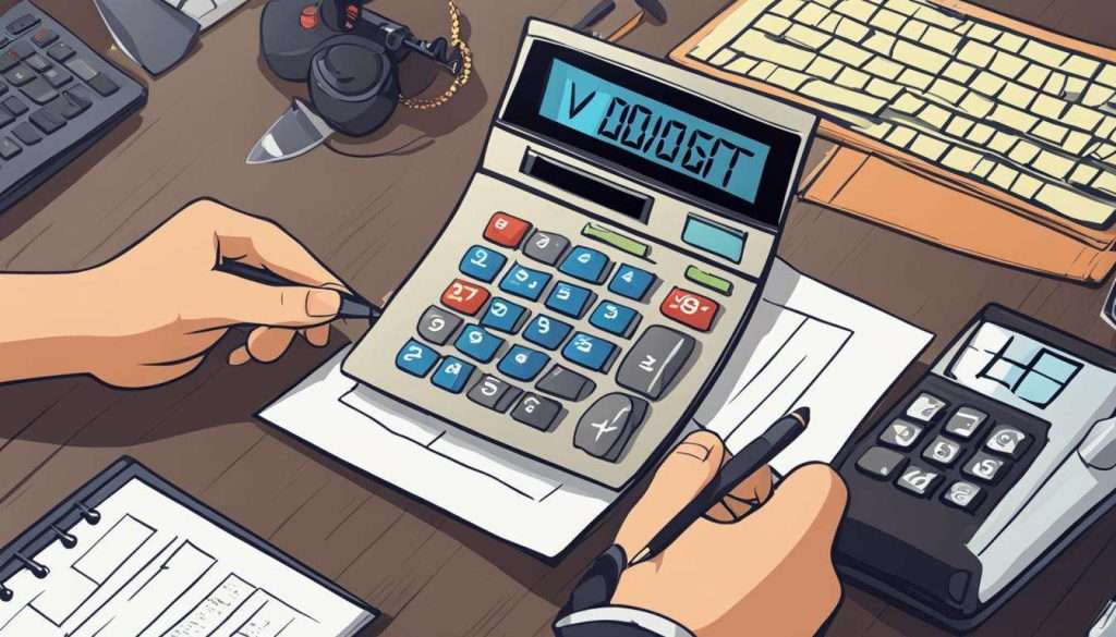 An illustration of a person using a calculator on a desk to demonstrate the process of choosing a video production company.