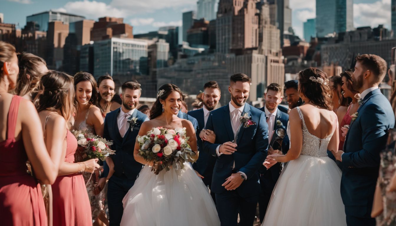 A group of bridesmaids and groomsmen standing in front of a city skyline.