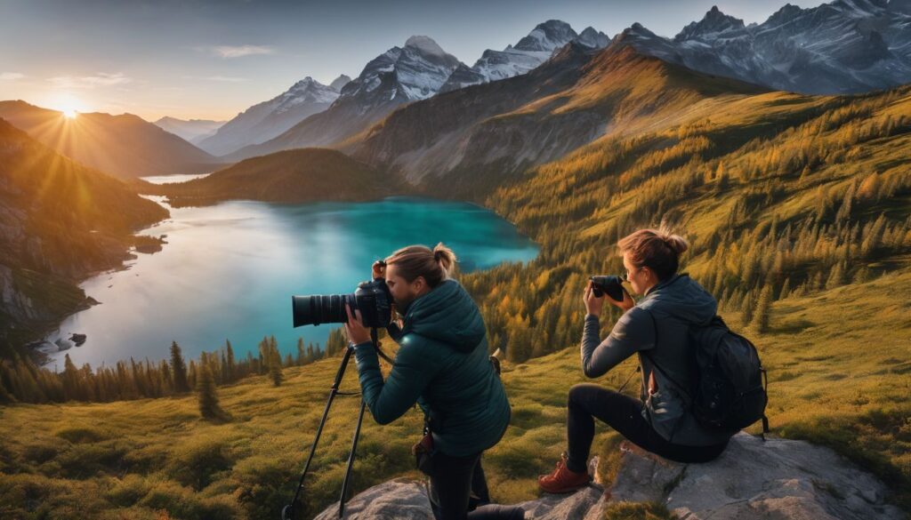 Two photographers taking pictures of a lake in the mountains.