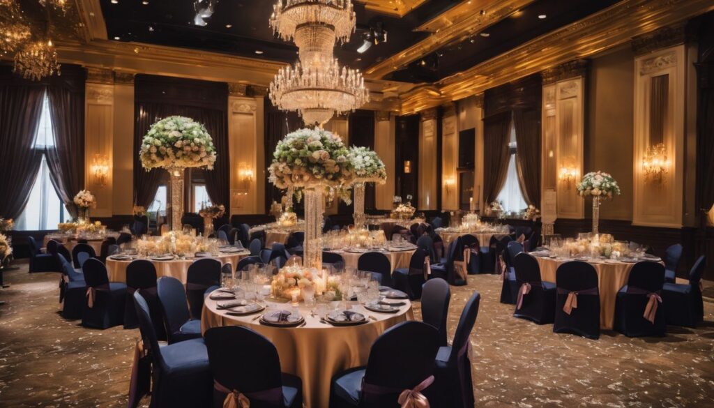 A large ballroom decorated for a wedding reception.