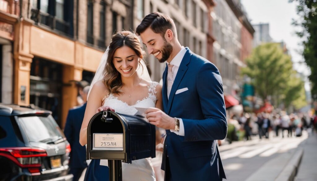 A bride and groom looking at a mail box on the street.