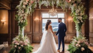 A bride and groom standing under a floral arch at their wedding.