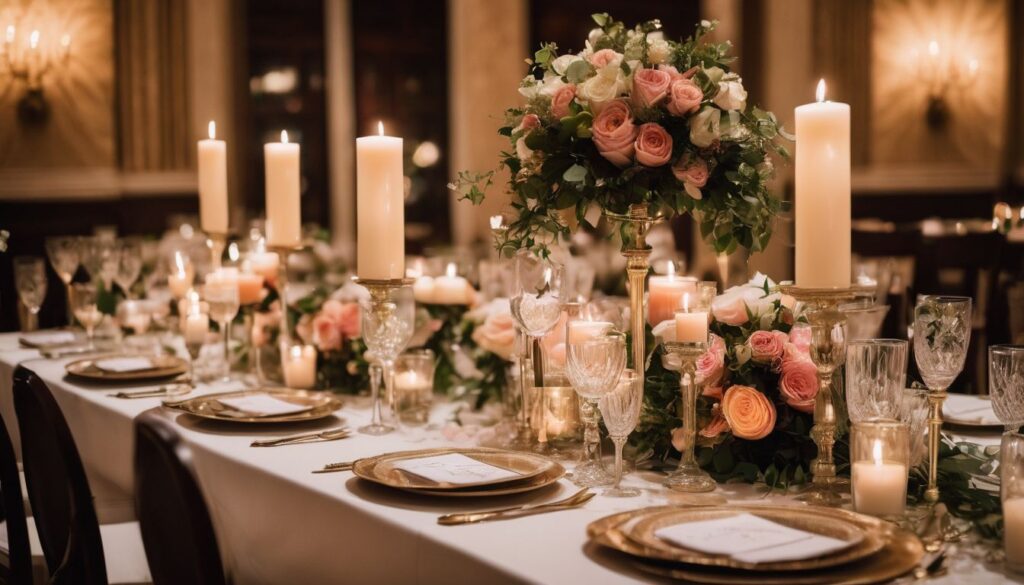 A long table with candles and flowers at a wedding reception.