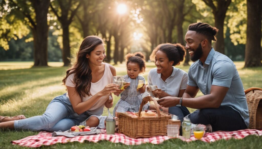 A family enjoying a picnic in the park.