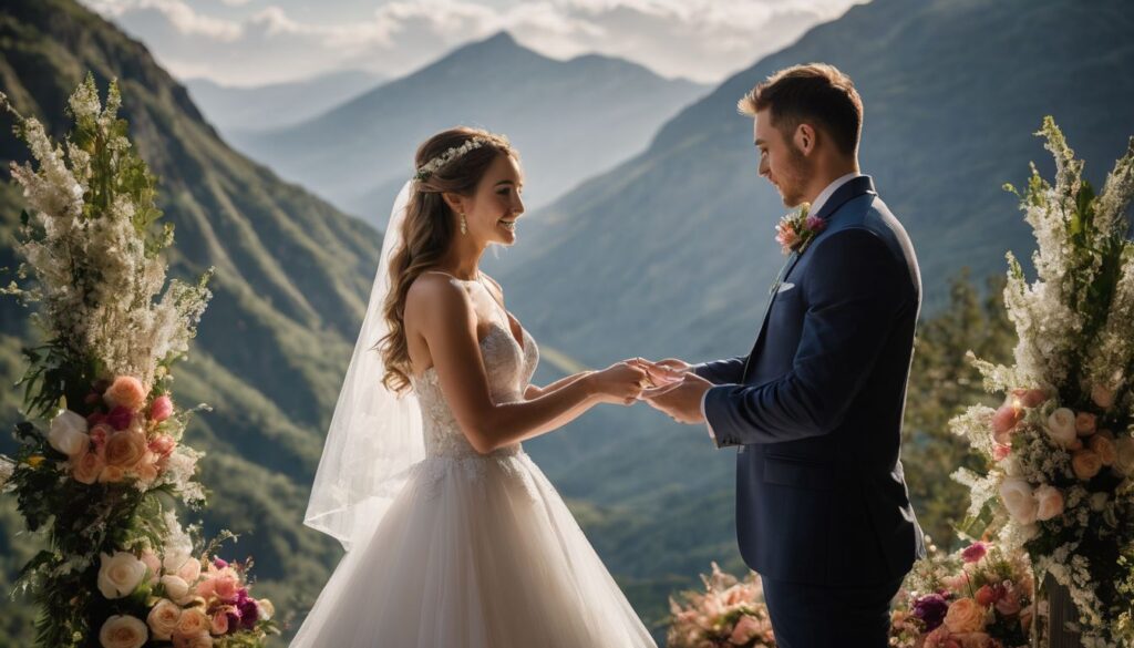 A bride and groom exchanging their wedding rings in the mountains.