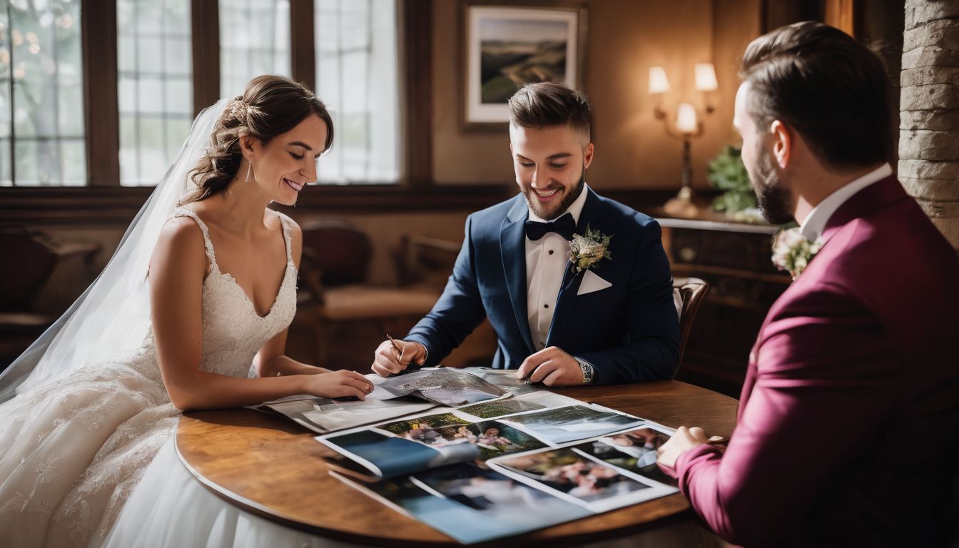 A bride and groom signing their wedding photos at a table.