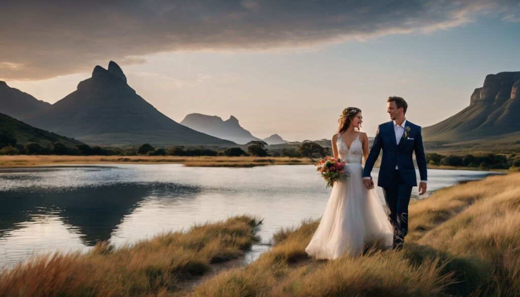 A bride and groom walking along a river with mountains in the background.